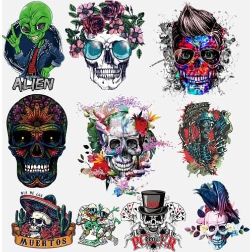 Iron On Punk/Skull Transfers For Clothing Alien Heat Transfers For Clothes Appliques Thermal Stickers For Diy Washable T-shirt
