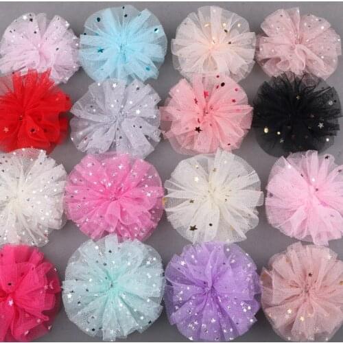 Glitter Bling Stars Decorated Chiffon Flowers Handmade Floral Button Patch Sticker Craft Girls Hair Jewelry Bow Center Ornaments