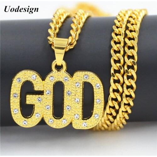 Uodesign Crystal JESUS BLESS Letter Pendants Necklaces Golden Bling Jewelry Gifts Men Women Hip Hop Charm Rhinestone Chains