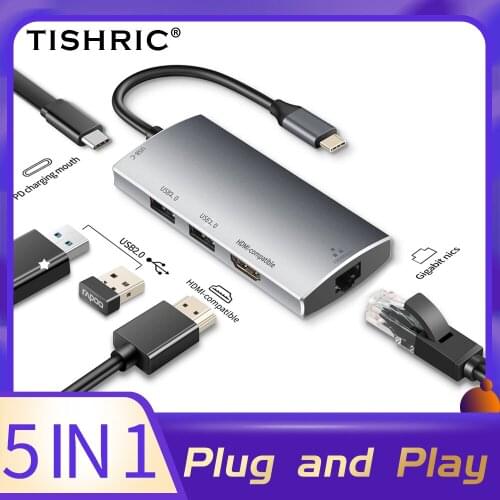 TISHRIC 5 IN 1 USB C HUB Multi Type C Adapter USB Splitter RJ45 PD HDMI-compatible Type C Dock HUB for Macbook/Huawei/Lenovo