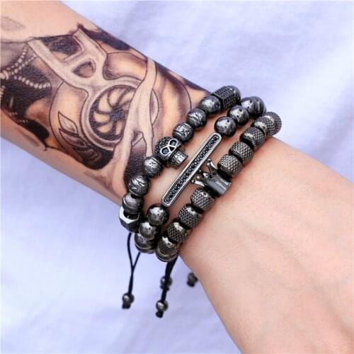 Crown Hexagon Strip Skull Mental Paved Black Rhinestone CZ Copper Beads Charm adjustable Beaded Unisex Bracelet For Men Gift