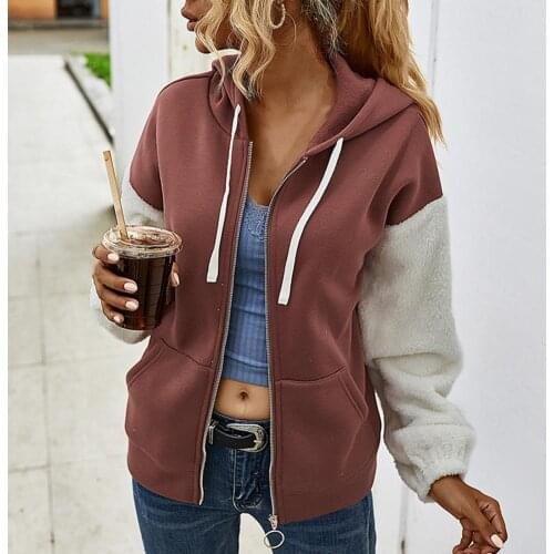 2021 Womens Spring Winter Plush Hoodies Long Sleeve Patchwork Colors Sweatshirts Casual Pockets Zipper Hooded Ladies Outerwear