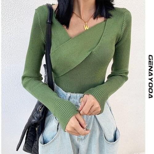 Genayooa Sexy Knitted Tops Spring Autumn Asymmetrical Neck Long Sleeve Shirt Women T Shirt Korean Style Vintage Knit T-shirt