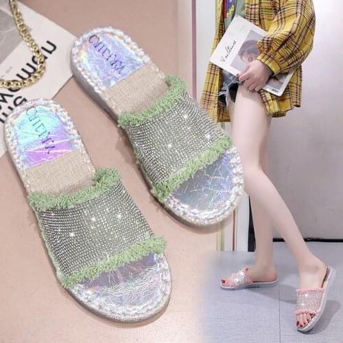 2021 Summer New Style Tassel Flat-bottom Slippers Women Korean Version of Rhinestone Casual Wear Casual Slippers Women