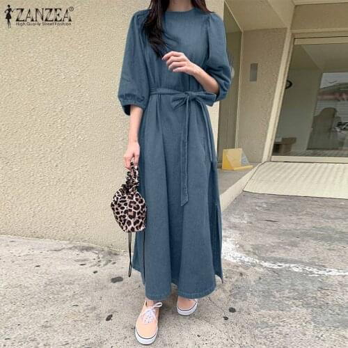 Stylish Summer Dress Womens Denim Blue Sundress 2021 ZANZEA Puff Sleeve Maxi Vestidos Female Hollow Split Robe Femme Oversize