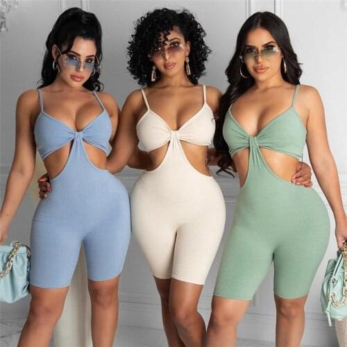 Women Yoga Casual Close-fitting Playsuit Solid Color V-neck Sleeveless Hollow Out Sexy Jumpsuit Summer Rompers Overalls