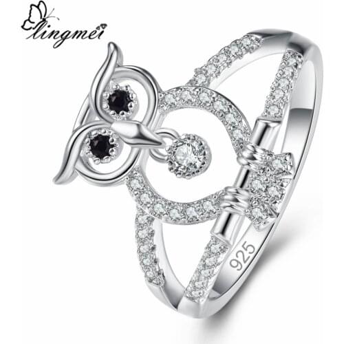Lingmei Wholesale New Comes Owl Shaped Black White Cubic Zircon Silver Color Jewelry WomenRing Size 6-9 Party Cocktail Ring