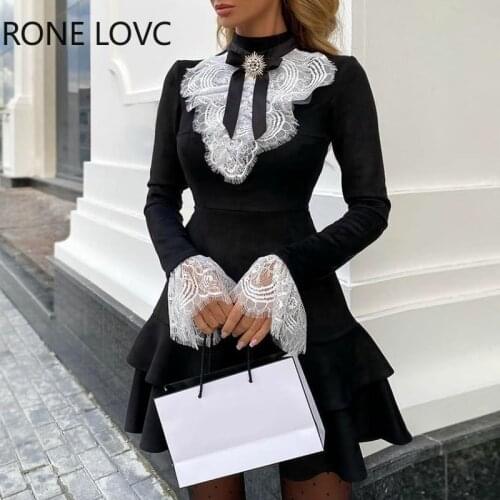 Women Eyelash Lace Bell Sleeve Ruffles Dress Party Dress Elegant Fashion Dress