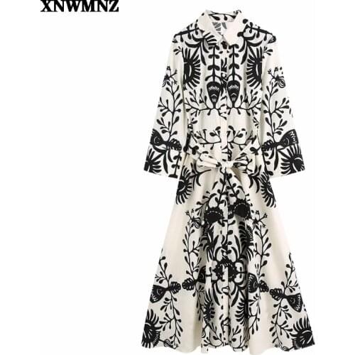 XNWMNZ 2021 Fashion printed shirt dress Lapel Seven points Sleeve Summer Womens Dress Casual Chic Loose Female Clothing Robe