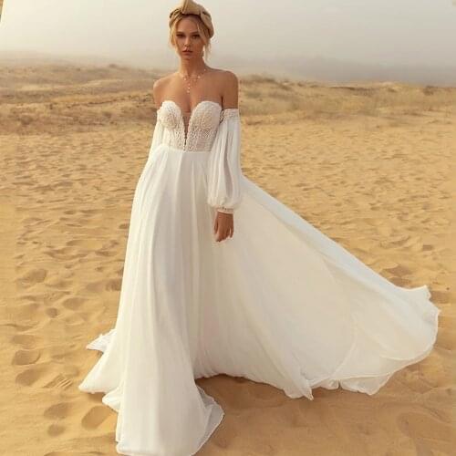 Sexy Wedding Dresses Chiffon Pleat Lace Sweetheart Full Sleeve Zipper A-Line Bridal Gowns Novia Do 2021 New