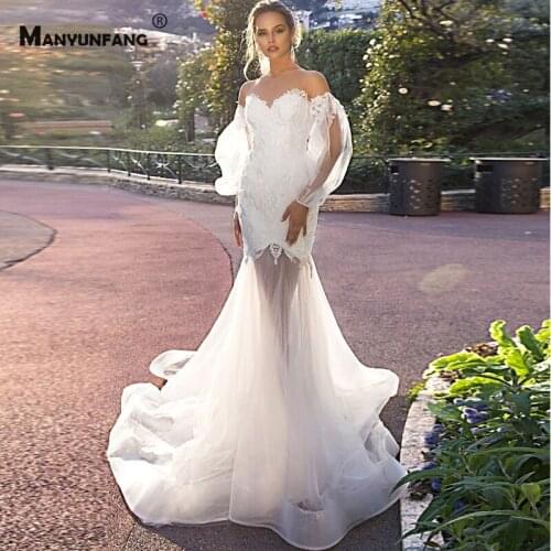 Elegant Illusion O-Neck Embroidery Appliques Tulle Mermaid Wedding Dress Custom Made Lantern Sleeve Chapel Train Bridal Gown