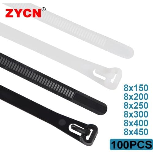 100pcs Releasable May Loose Slipknot Nylon Cable Tie Wire Binding Wrap Straps Black Reusable Plastic 8*150/200/250/300/400/450mm