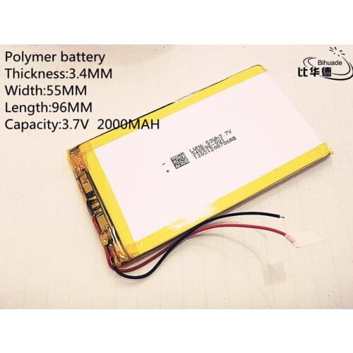3.7V,2000mAH 345596 PLIB (polymer lithium ion / Li-ion battery ) for Smart watch,GPS,mp3,mp4 7 inch 8 inch ,cell phone,speaker