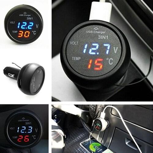 3 In 1 Car Voltmeter Thermometer USB Charger 12V/24V Digital LED Temperature Meter Voltmeter Gauge USB Car Charger Accessories