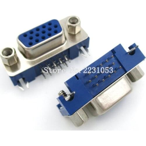 5PCS/LOT DB15 DR15 3Rows Blue Parallel Port 15 Pin D Sub Female 15 Way PCB 90 Degree Connector DB15 Socket Plug VGA Adapter