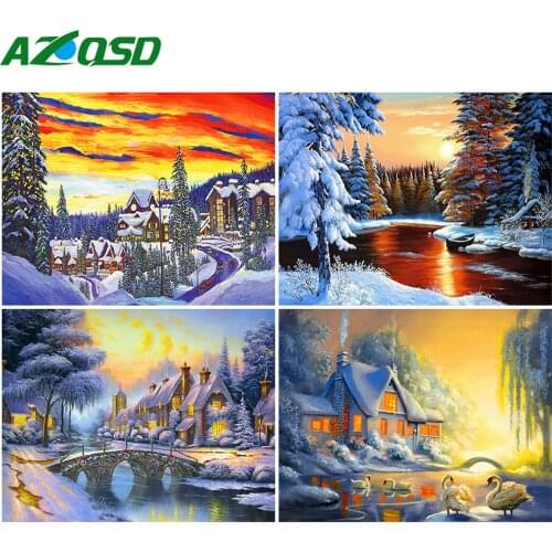AZQSD Unframe Coloring By Numbers Winter Landscape Handmade Gift DIY Oil Painting By Numbers On Canvas House Home Decoration
