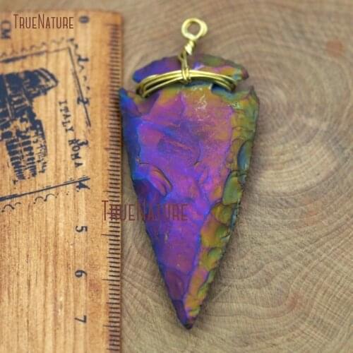 Large Size Rainbow Titanium Electroplated Mystic Hammered Arrowhead Pendant Flint Stone Jewelry In 60*30 mm PM8224