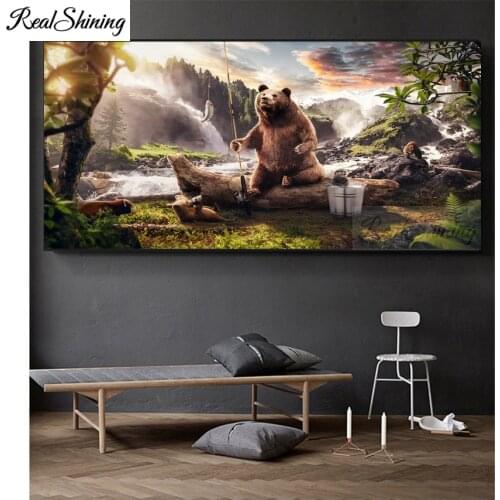 Bear Fishing 5D Diamond Painting Full Drill Square Cross Stitch Diamond Embroidery funny animal round Rhinestones Art F479