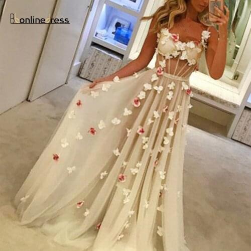 Party-Gown Elegant Prom Dress 3D Flower A-Line Spaghetti Strap Long Prom Dresses Transparent Formal Gowns vestido-de-soiree