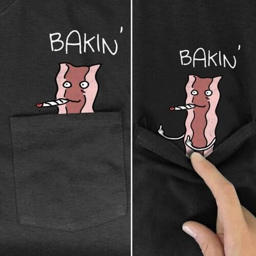CLOOCL Pocket T-Shirt Summer Funny Bakin Bacon Smoking Weed Printed T-shirt Men for Women Shirts Tops Funny Cotton Black Tees