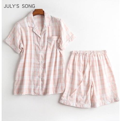 JULYS SONG 2 Pcs Womens Pajamas Cotton Female Pajamas Sleepwear Short Sleeve Shorts Summer Pajamas Set Lattice Nightwear
