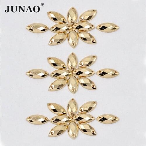 JUNAO 7*15mm Gold Crystal Sewing Acylic Rhinestones Flat Back Horse Eye Stones Sew On Golden Flatback Beads for Clothes Crafts