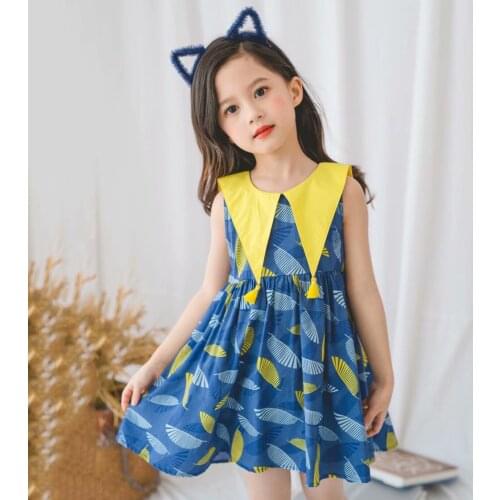 Girls Summer Sleeveless Feather Printed Dress Blue Sweet Lovely Children Kids 2020 New Party Clothing Dress