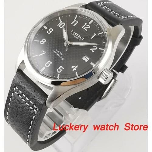 Corgeut 40mm Men watch black dial date window 316L stainless steel case leather strap NH35 self-winding movement luxury watches
