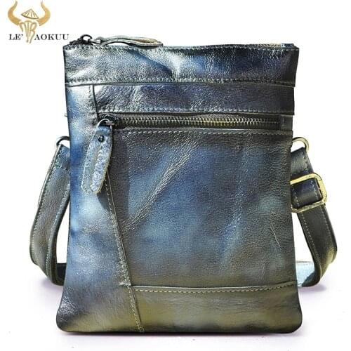 Original Leather Male Design Blue Shoulder Messenger bag Fashion Cross-body Bag 9" Tablet Satchel University Student bag 7001