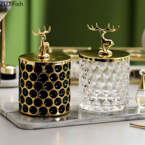 Nordic Style Luxury Glass Storage Jar with Deer Lid Jewelry Storage Organizer Home Kitchen Cotton Swab Toothpick Box Decoration