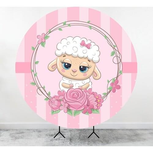 Pink Cute Sheep Baby Shower Round Backdrop Cover Custom Kids Birthday Party Banner Decor Dessert Table Cover Elastic Background