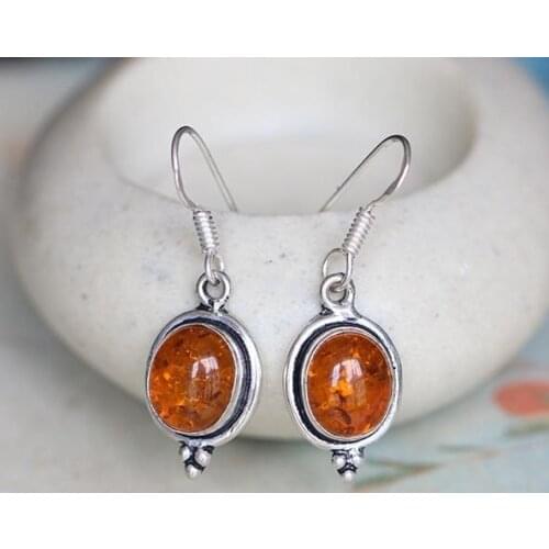 S925 Sterling Silver Thai Silver Indian Hand-Inlaid Natural Amber Flower Amber Earrings