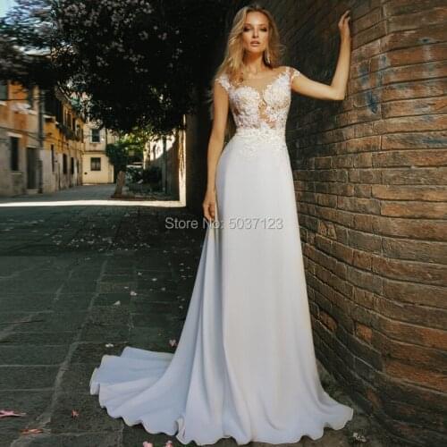 Chiffon Cap Sleeves A Line Wedding Dresses Lace Appliques Scoop Vestido De Noiva Sweep Train Mariage Custom Made Bridal Gown