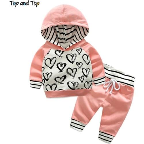 Top and Top Fashion Cute Infant Newborn Baby Girl Clothes Hooded Sweatshirt Striped Pants 2pcs Outfit Cotton Baby Tracksuit Set
