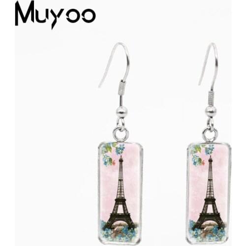Vintage Eiffel Tower with Flowers Romantic Paris Tower Rectangle Fish Hook Dangles Earrings Handcraft Gifts