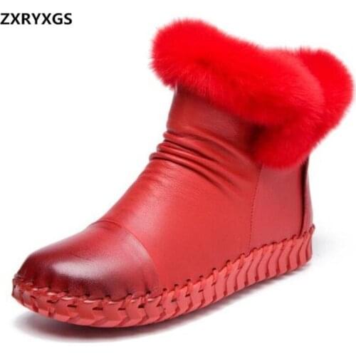 Rabbit Hair First Layer of Leather Boots Winter Shoes Fashion Women Boots 2020 Soft Comfort Warm Snow Shoes Flat Women Boots