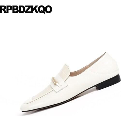 Square toe black china chinese brand genuine leather designer shoes women luxury 2019 metal loafers shallow slip on white flats