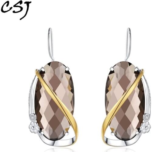 CSJ Natural Smoky Quartz Earrings 925 Sterling Sliver Coffee Drop Earrings For Women Lady Mother Party Gift Box