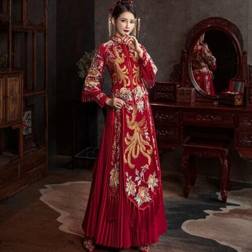 Women Mandarin Collar Costume Chinese Traditional Wedding Dress Bride Vintage Phoenix Embroidery Cheongsam китайская одежда