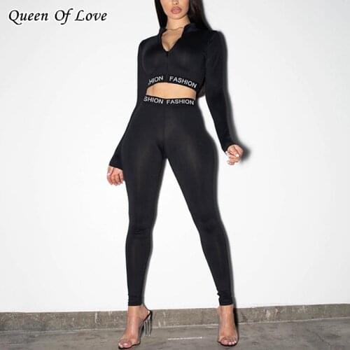 Women Fitness Tracksuit Set Letter Print Skinny Zipper Crop Top High Waist Leggings Pants 2 Piece Female Sets Mujer Sportsuit