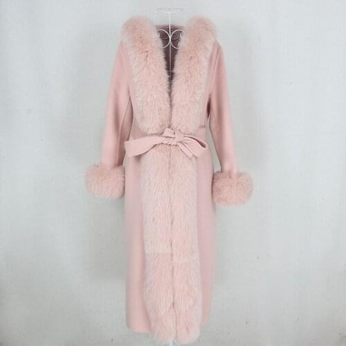 OFTBUY 2021 New Pink X-long Cashmere Wool Blends Real Fur Coat Belt Winter Jacket Women Natural Fox Fur Collar Hooded Streetwear