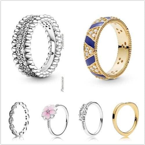 Original 925 Sterling Silver Beaded Pave Band Rings With Crystal Rings For Women Wedding Party Gift Europe Pandora Jewelry