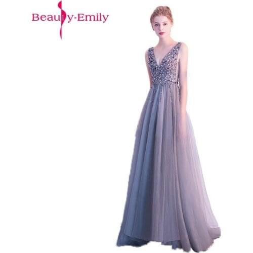 Beauty Emily 2020 Charming V Neck Sleeveless Evening Dress Long Tulle Heavy Beaded Sexy Open Back Formal Party Dress
