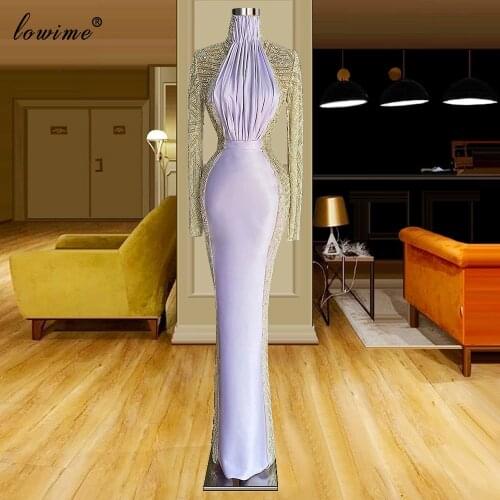 Long Sleeves Lavander Evening Dresses Mermaid Simple Beads Evening Gowns Midddle East Birthday Party Dresses Vestidos De Noite
