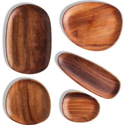 1Pcs Irregular Oval Solid Wood Pan Dinner Plates Cake Dessert Fruit Dishes Sushi Serving Plate Tea Pots Tray Tableware Set