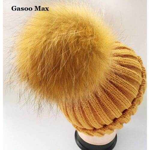 2017 Winter fur pompom hat for women wool cotton hat Big Real Raccoon fur pompom Beanies cap Fox fur bobble hat