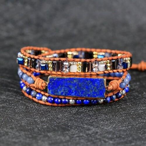 2021 Unique Mixed Lapis Luzuli Charm Multilayered Leather Wrap Bracelet Handmade vintage jewelry drop shipping