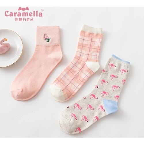 3 Pairs/lot Flamingo Pattern Cotton Womens Socks Funny Socks Women Girls Pink Plaid Sock for Women