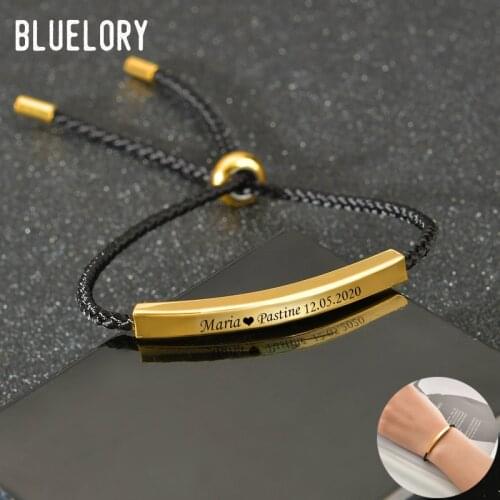 Bluelory Custom Stainless Steel Laser Engraved Name Bracelets Black Red Silver Color String Adjustable Women DIY Jewelry