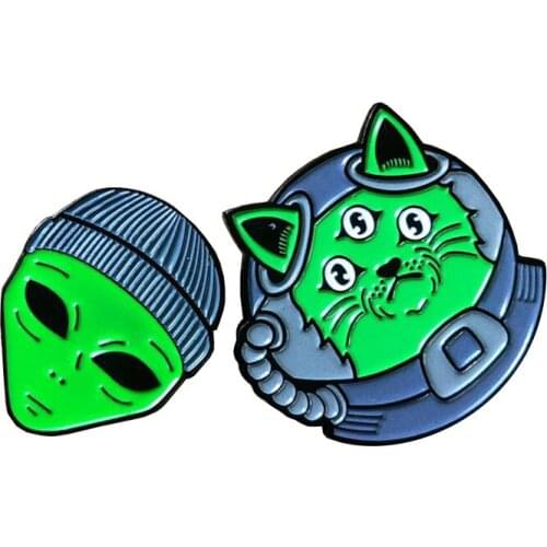 ET Brooch Alien Pin Space Cat Badge lot of 2